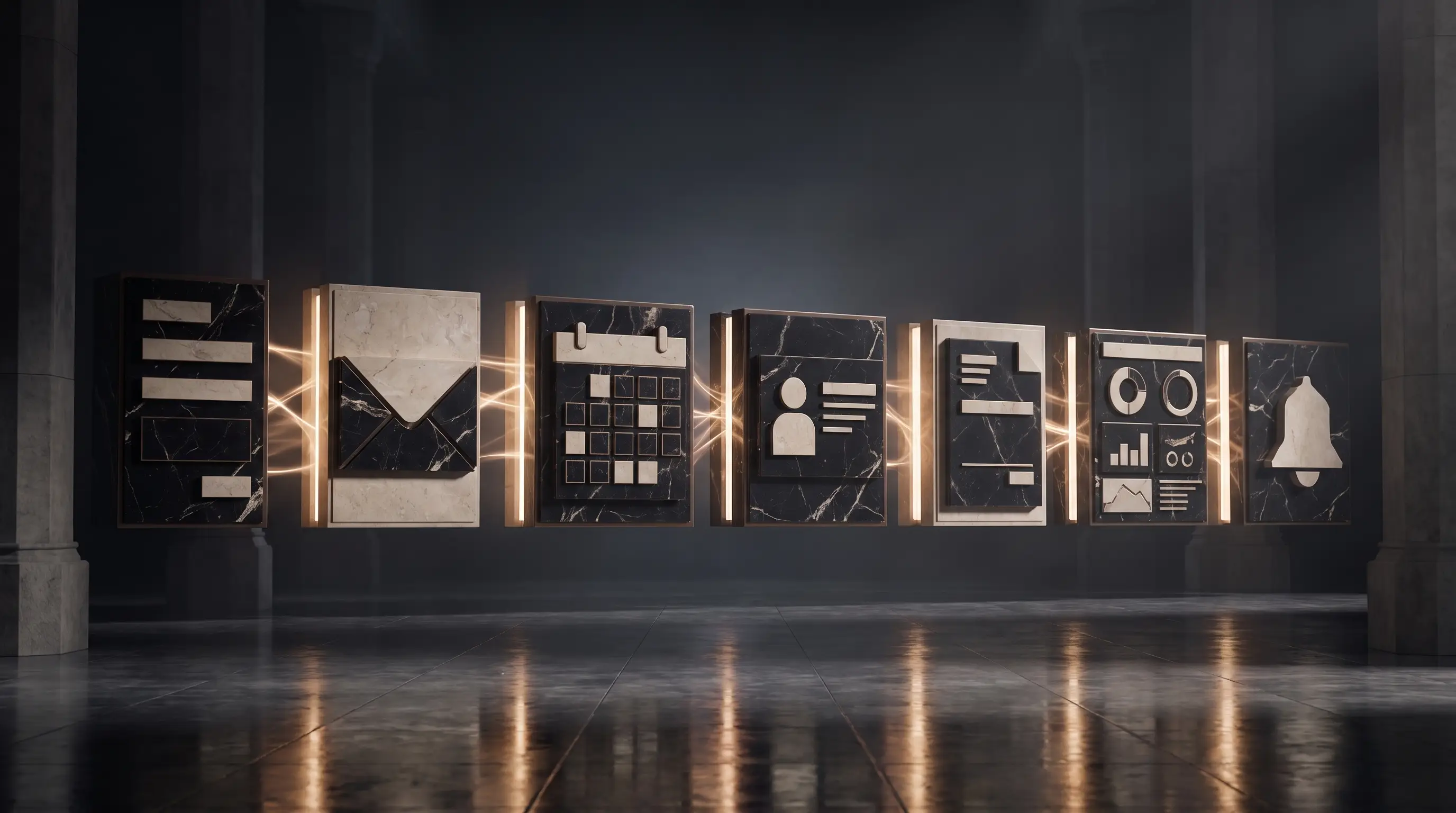 Blocs de pierre et de verre reliés par des canaux de lumière dorée, représentant un workflow automatisé